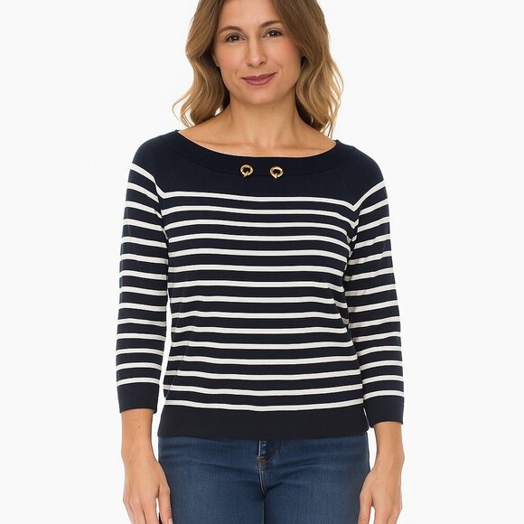 Ralph Lauren Sweater MP Blue White Striped Nautical Knit 3/4 Sleeve Pullover - Picture 1 of 12